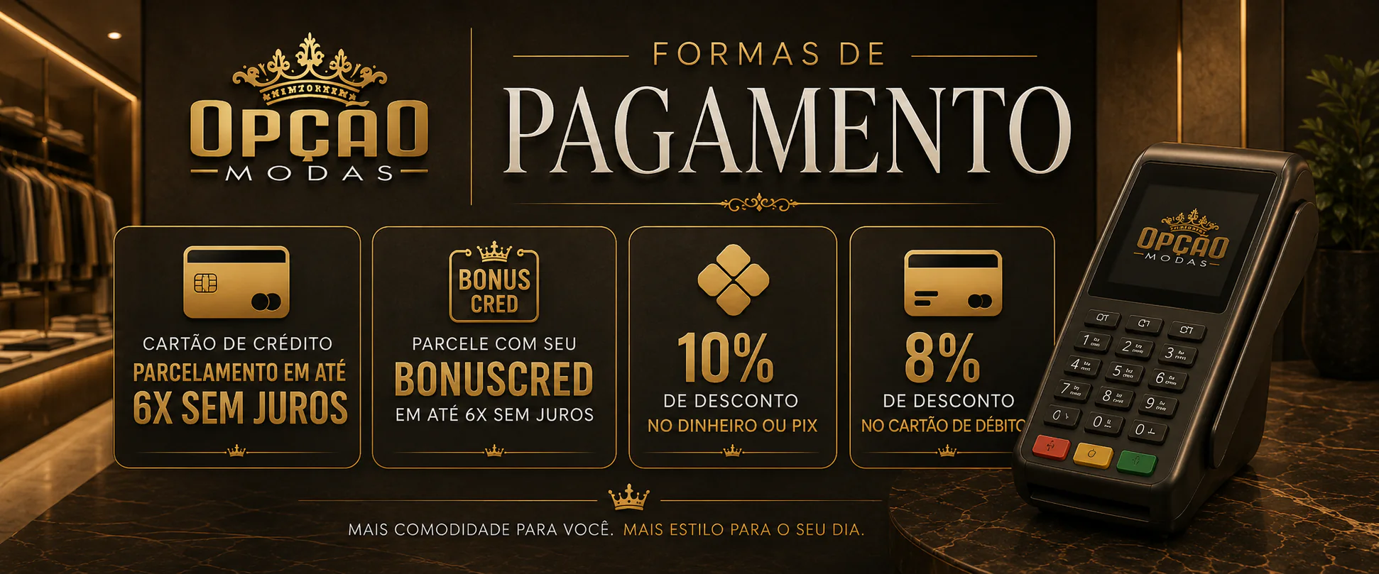 Formas de pagamento — até 6x sem juros, Bonuscred, 10% no Pix, 8% no débito